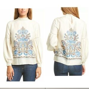 J.McLanghin Mock Neck‎ Blouse Silk Blend size Small printed classic career beige